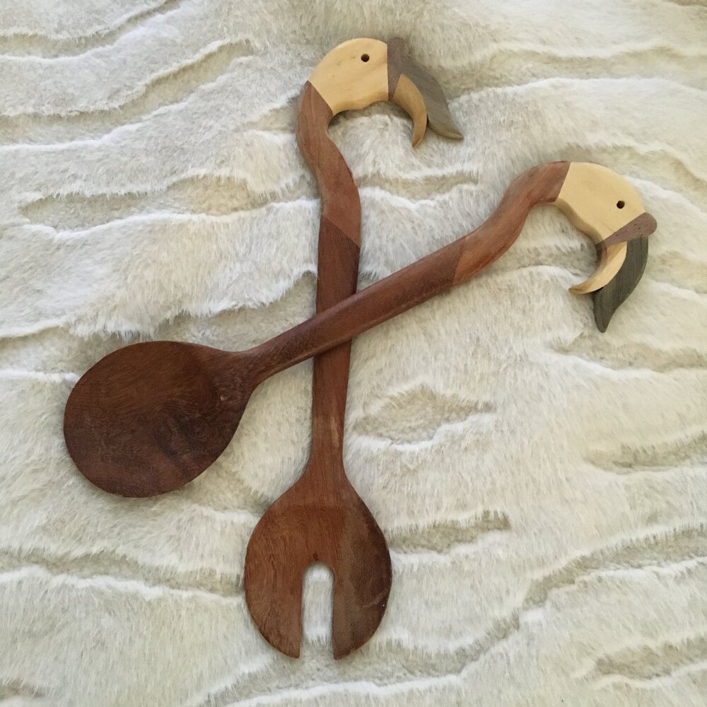Vintage Handmade Wooden Flamingo Salad Servers Portugal Coastal Boho Decor